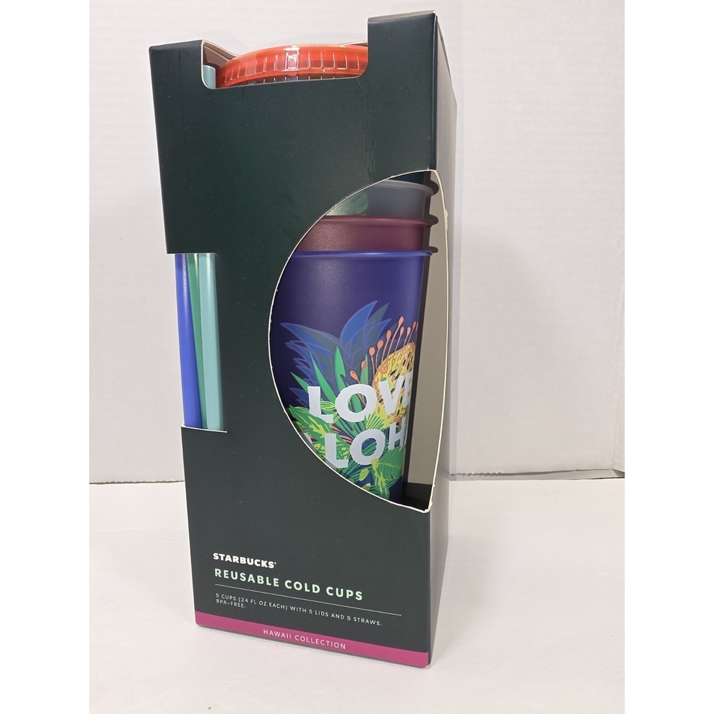 Starbucks HAWAII Reusable Tumbler Cold Cup Set Set of 5 Cups Straws Lids 24oz